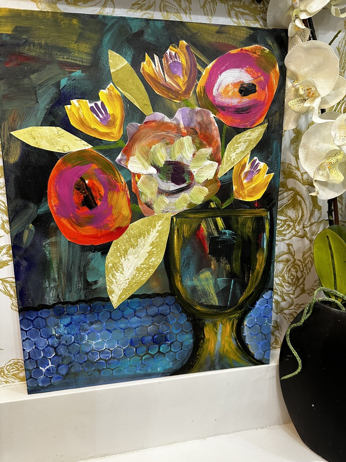 Art Hand Painted Artwork Hand Made Paper Collage Flowers On Board OOAK Signed