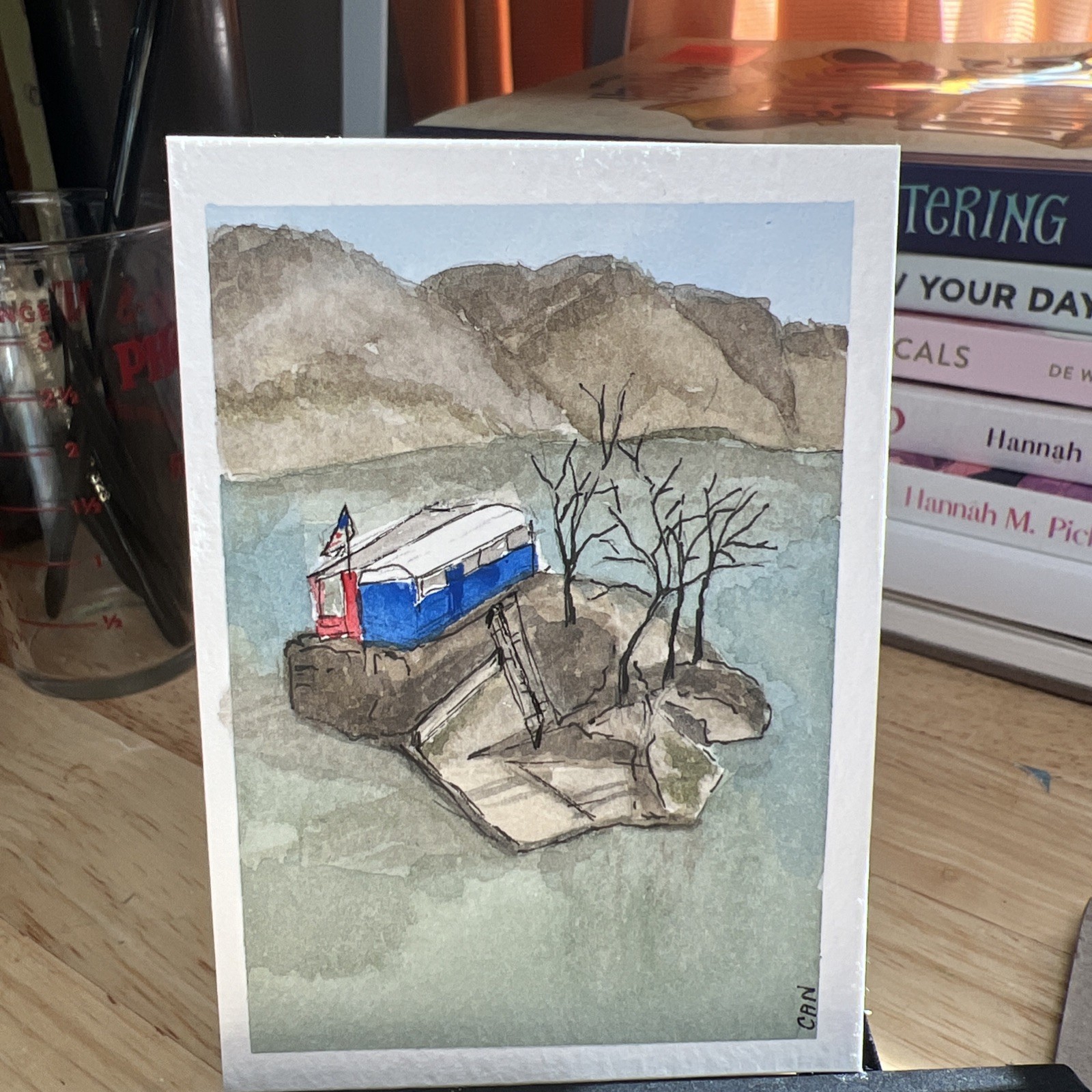 ACEO/ATC Original Painting 2.5 x 3.5 In., Watercolor Bruiser’s Fishing Camp Card