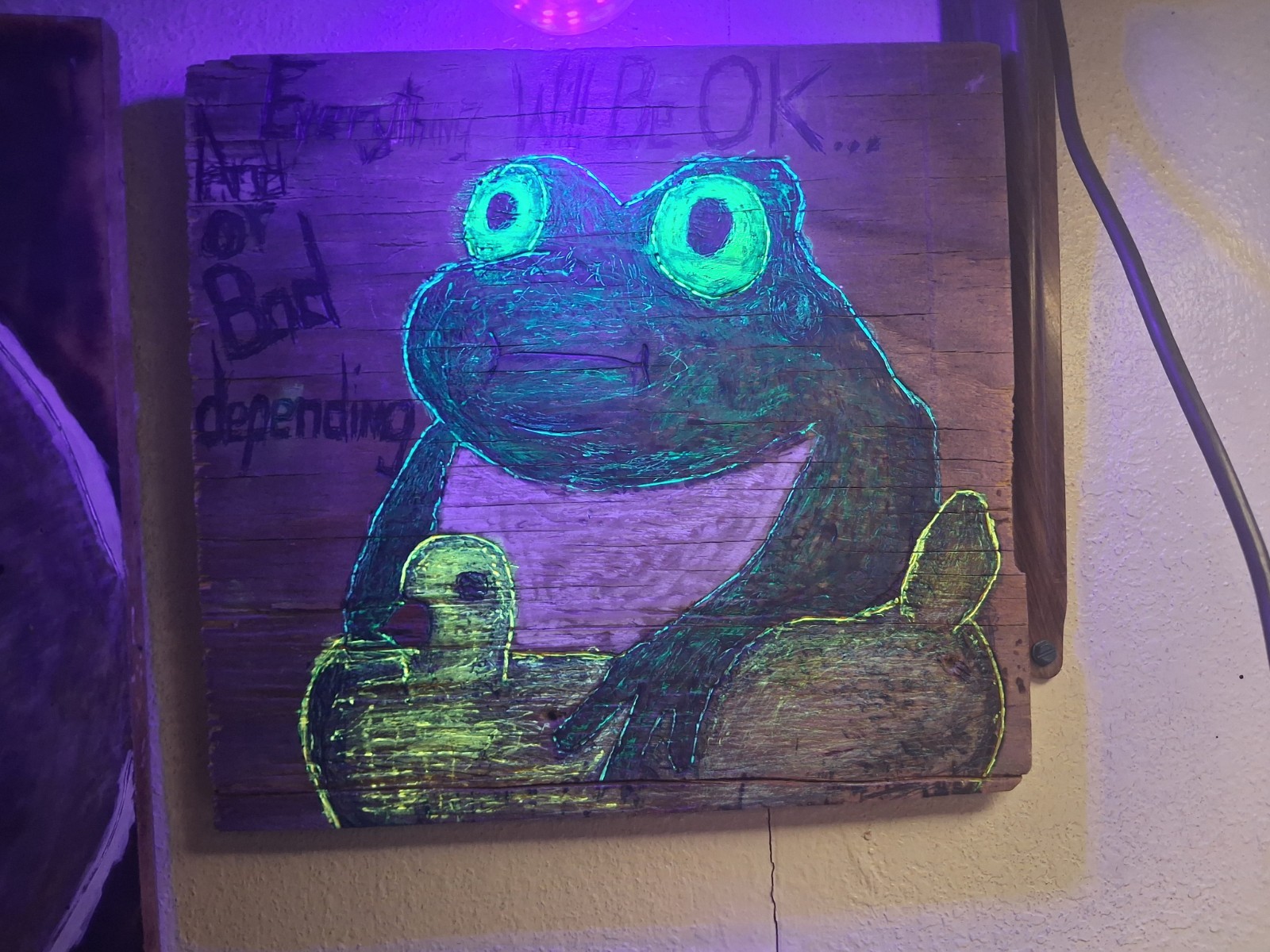 Wood Burning With Acrylic And Blacklight Reactive Highlights.