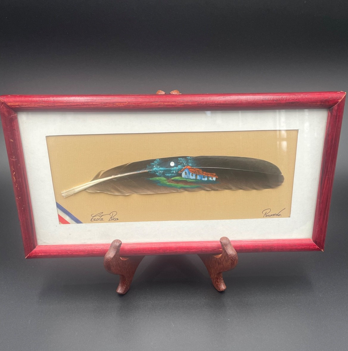 Costa Rican HandPainted Feather Signed By Artist Professionally Matted & Framed