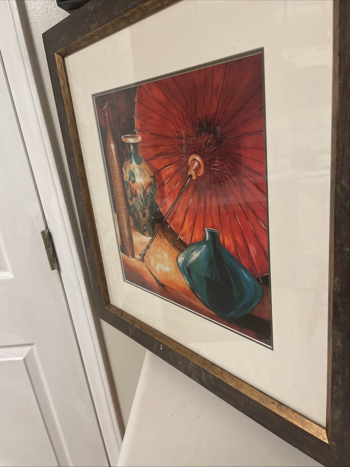 Zen Contemporary Art Print- Vases & Umbrella-Asian Realism. Framed 22.25” X22.2