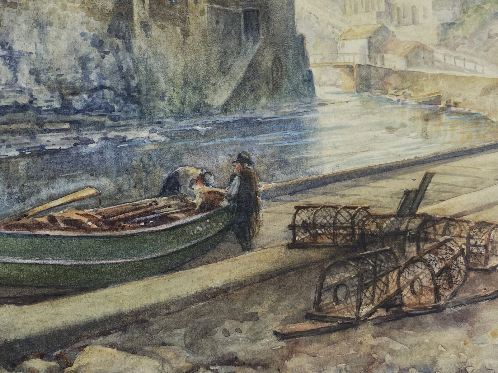 Antique Watercolor Painting Fred E. Graham Listed Artist Fishing Boat Traps