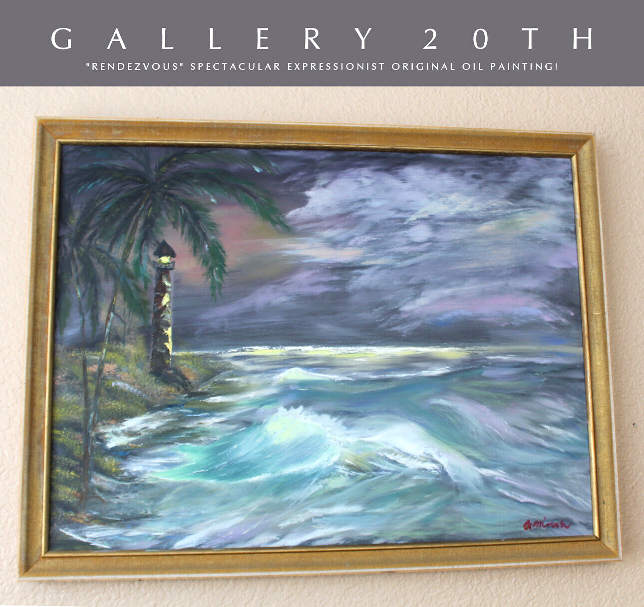 VINTAGE! ORIG EXPRESSIONIST LIGHT HOUSE OIL PAINTING! OCEAN ART MAX BECKMANN ERA