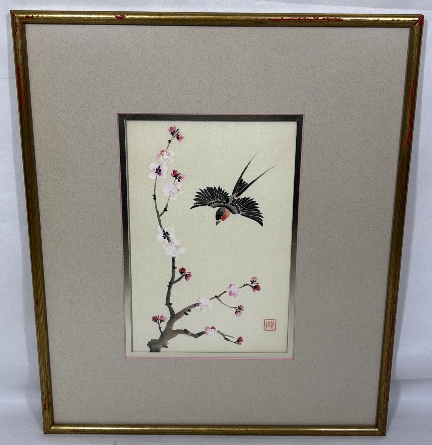 Vintage Original Chinese Painting on Silk Swallow Cherry Blossoms Sealed Framed