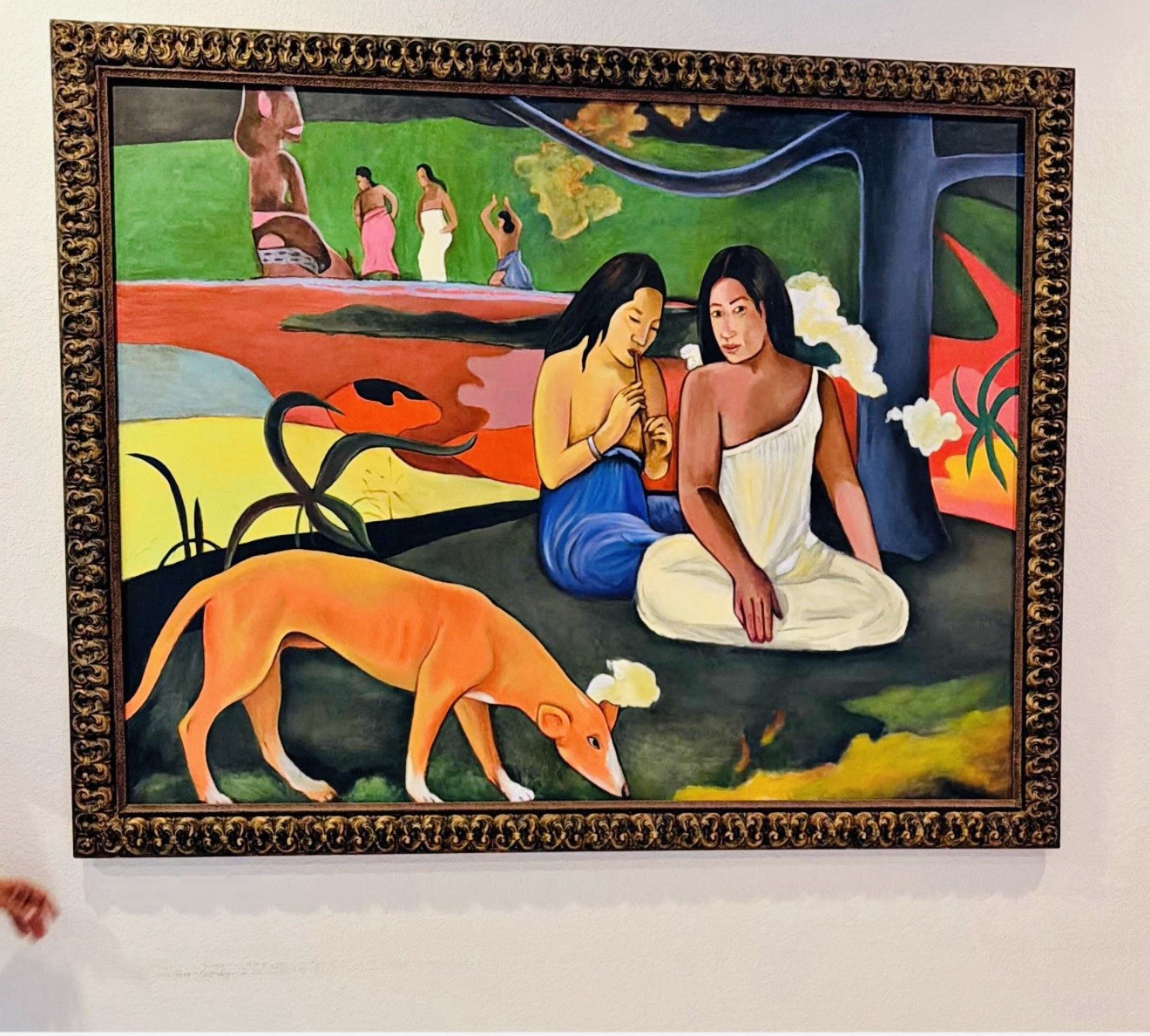 Framed Post-Impressionism Oil Painting on Canvas of Women Dog Nature Figures
