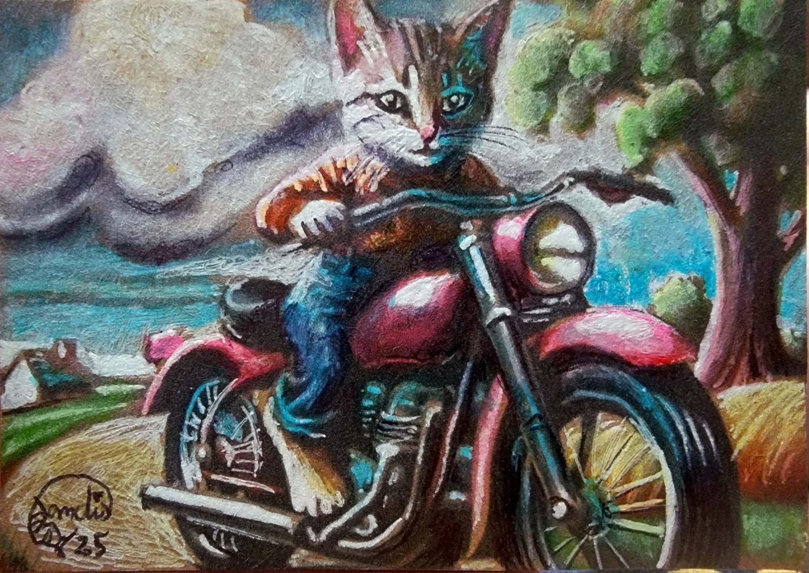 ACEO Jacob Landis Kitty Tabby Cat ORIGINAL Art Print # /25 «Supper For Three»