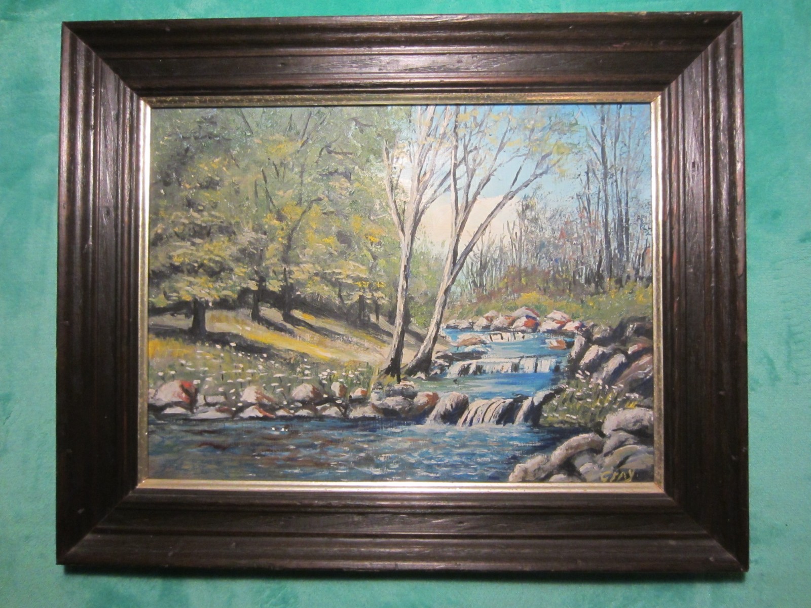 MCM VTG Oil Painting on Canvas Signed: Gray~Blue/Green/Brown Stream/Rocks Woods