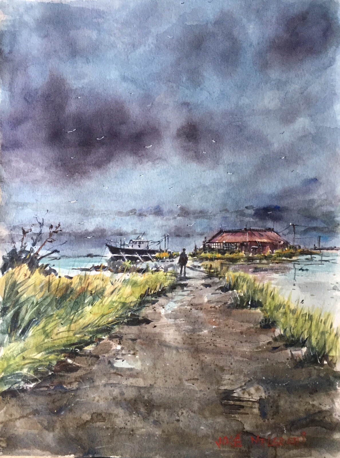 Watercolor Original Painting » Coastal Scene» 12″ x 16″ NOT A PRINT