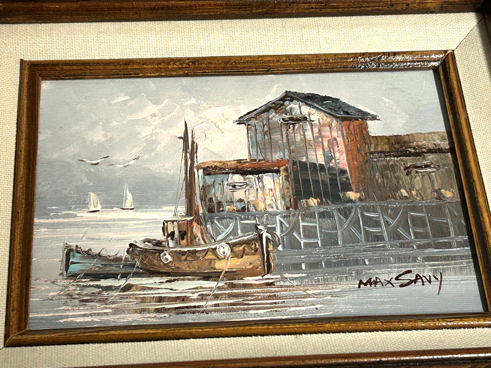 Max Savy Rare Small 5 x 7 Original Oil Painting Harbor Scene (12 x 10 framed)