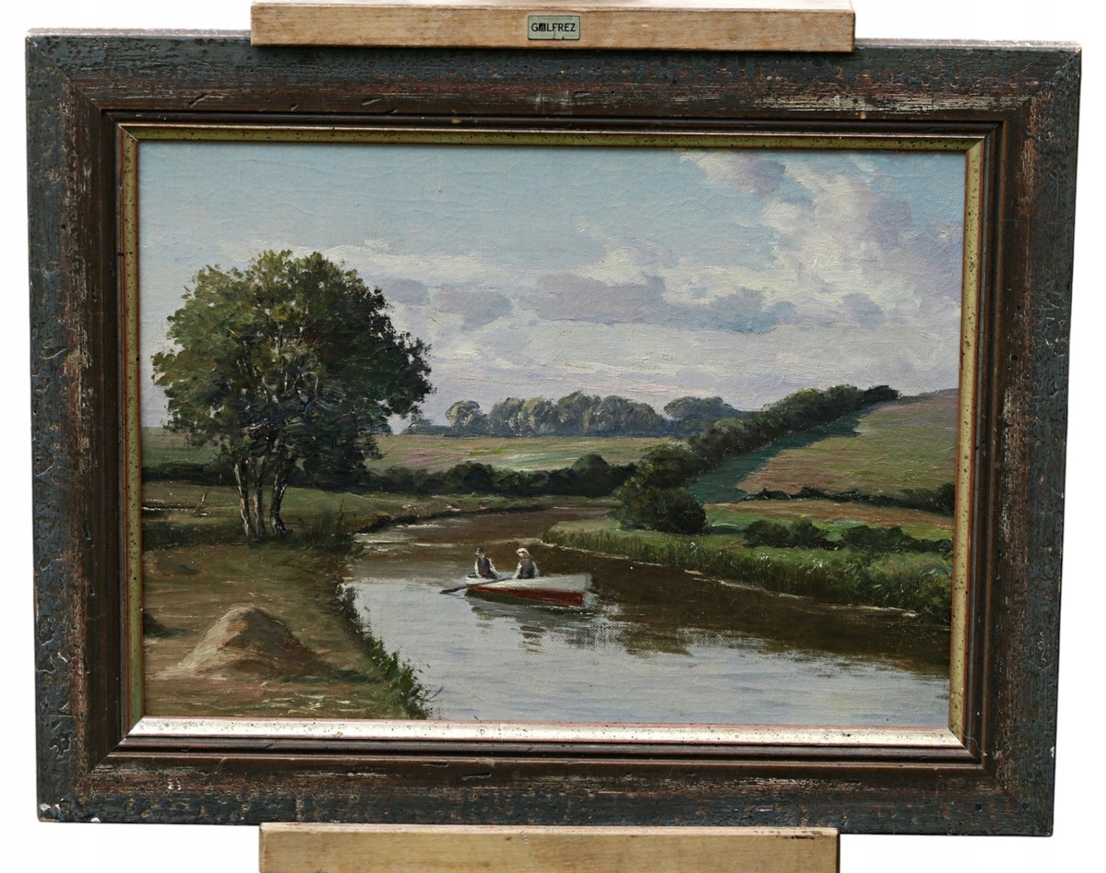 Oil On Canvas/Cardboard Romantic River Landscape With Boat Antique Painting