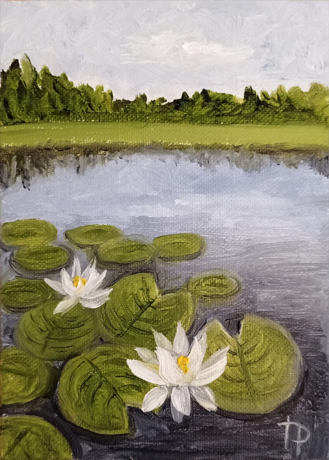 Lake Landscape with Waterlilies Handmade Oil Painting 5×7″ White Flowers Art