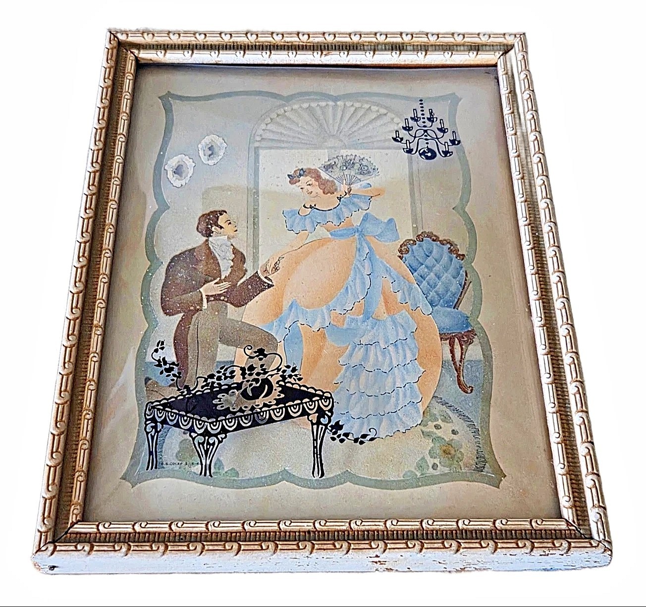 Vintage Convex Glass Reverse Painted Man and Woman Courting Picture 9″x 7″