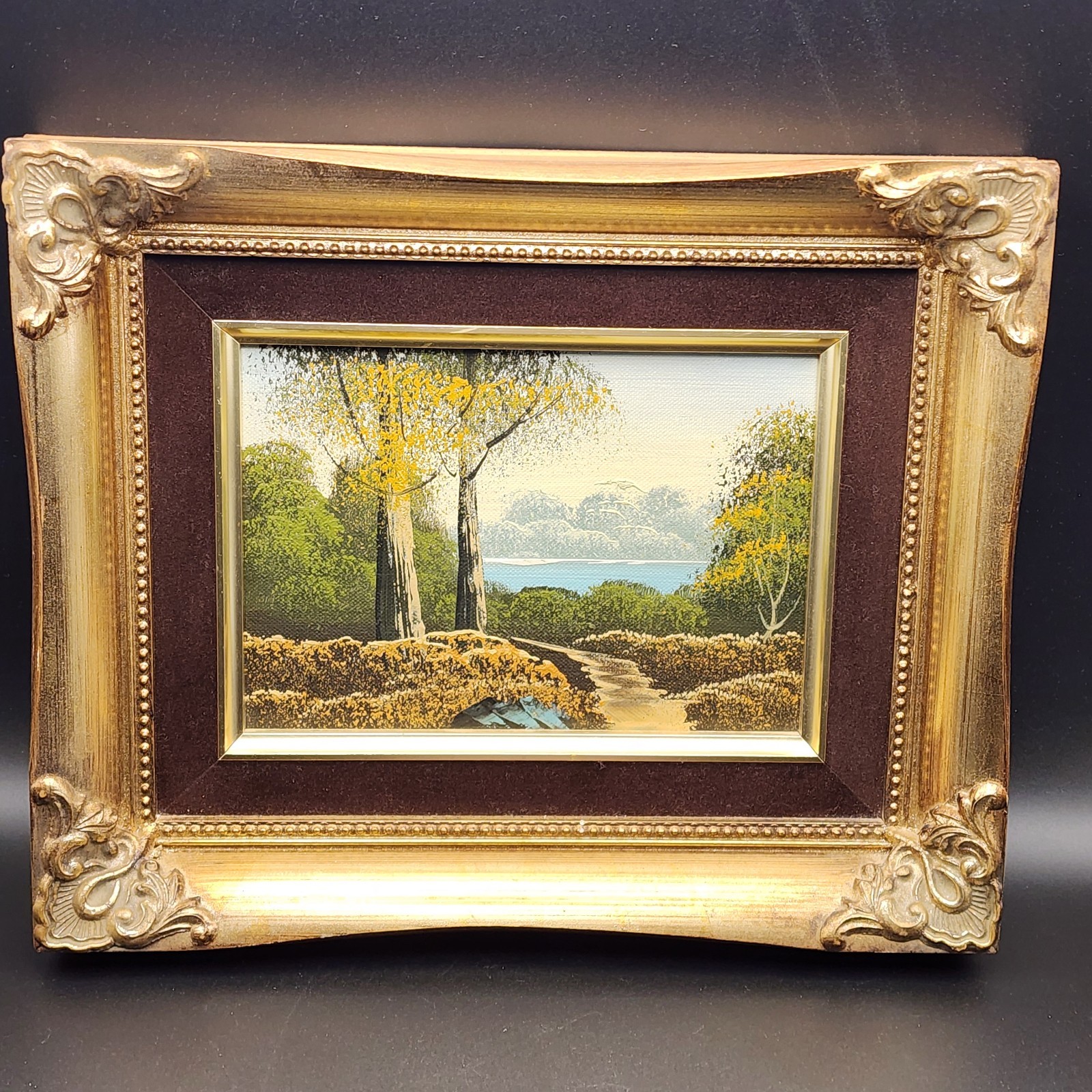 Vtg Small Oil Painting Landscape Scene Gold Ornate Wood Frame Brown Mat 5×7