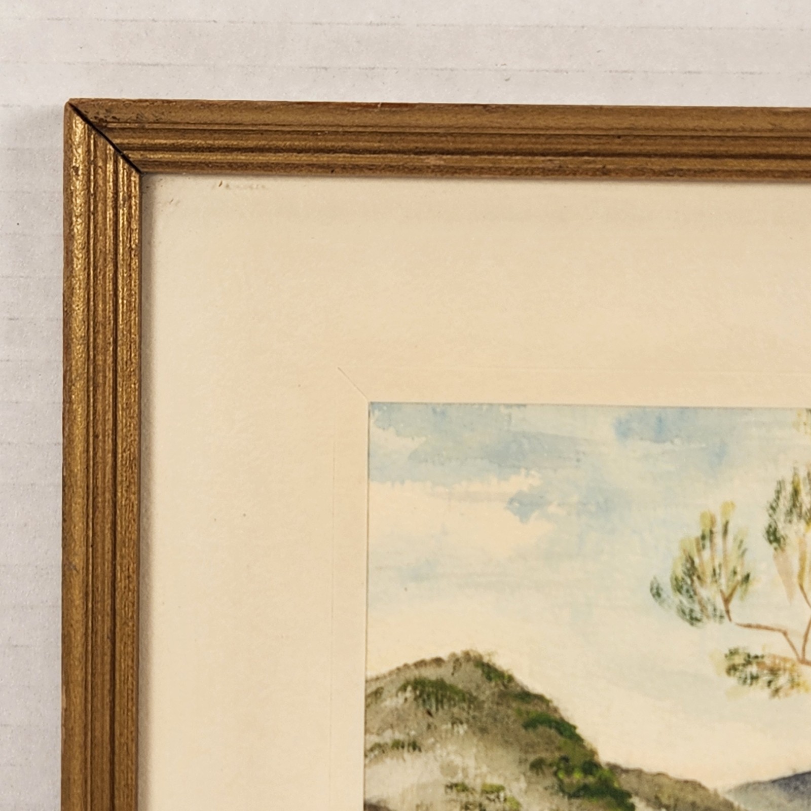 VTG Watercolor Art Landscape Rocky Riverbank Mountains Tree Nature Cottage 11″