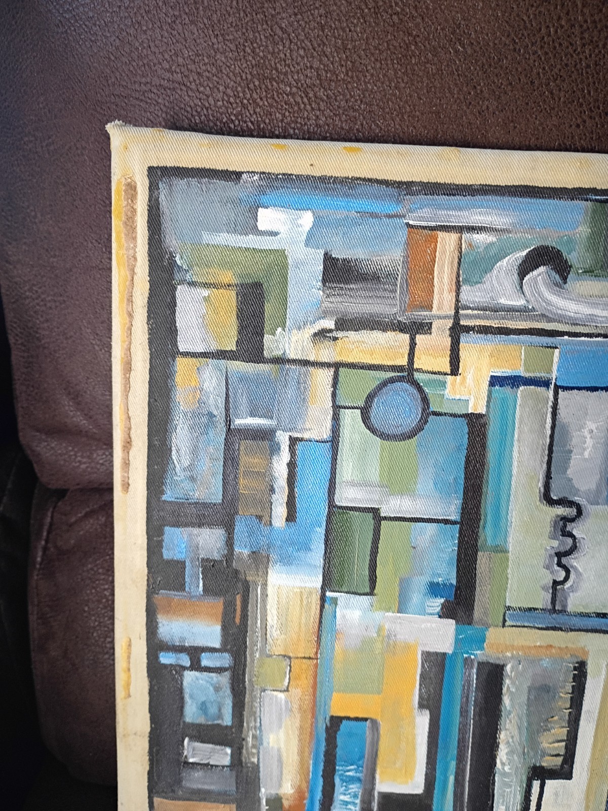 Vintage Mid Century Modern Original Oil Painting Abstract Geometric Art on Cloth