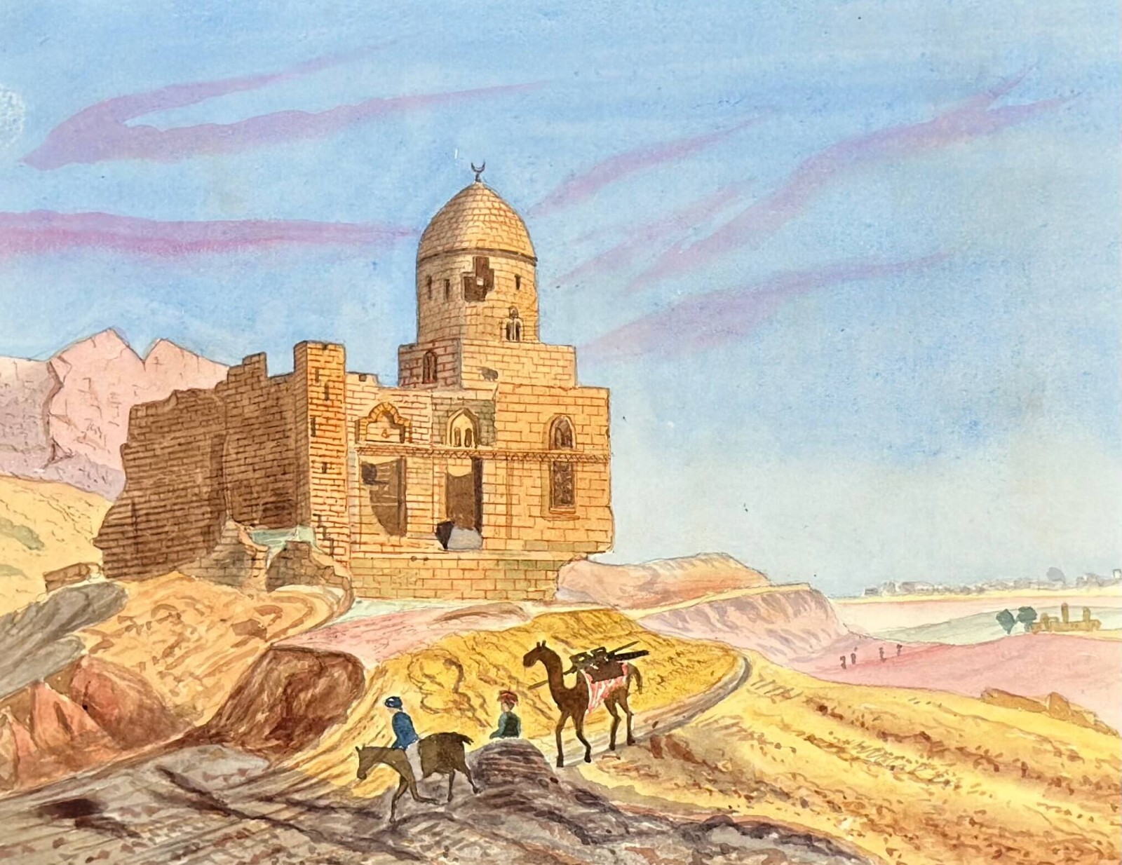 [EGYPT-CAIRO] Watercolour View of the Tombs of the Caliphs in Cairo. Ca. 1870