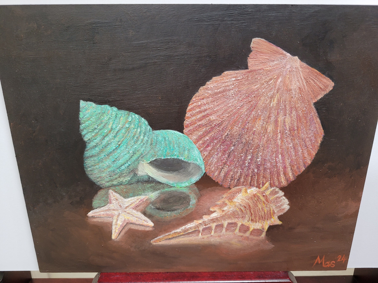Seashells Still life Original Oil Painting on Thick MDF Board 8x10x0.25in Signed