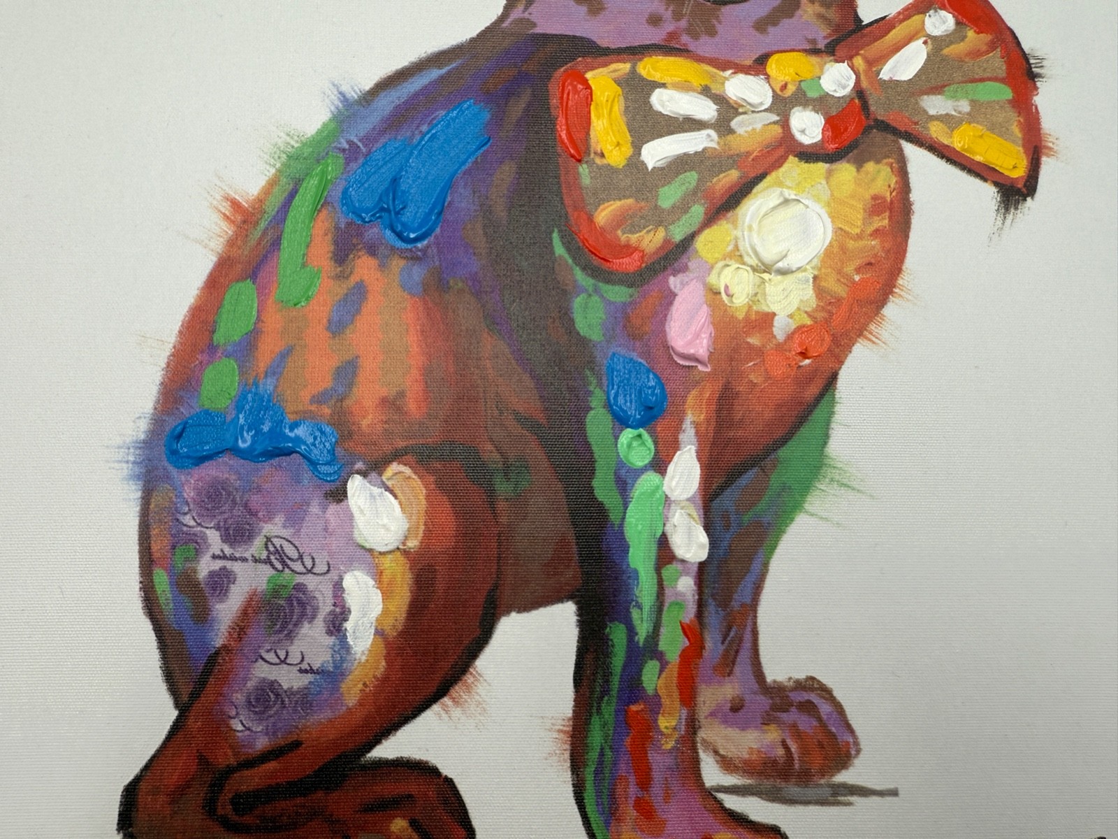Frenchie Bulldog Colorful Oil? on Print Canvas Painting 16 1/4”x 16 1/4” Signed