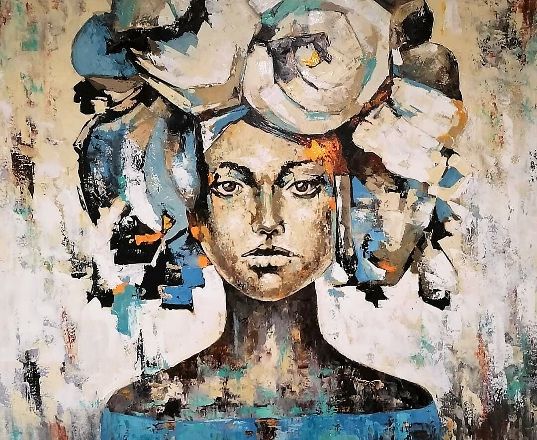 Original Oil Painting Human Face Woman with Headdress