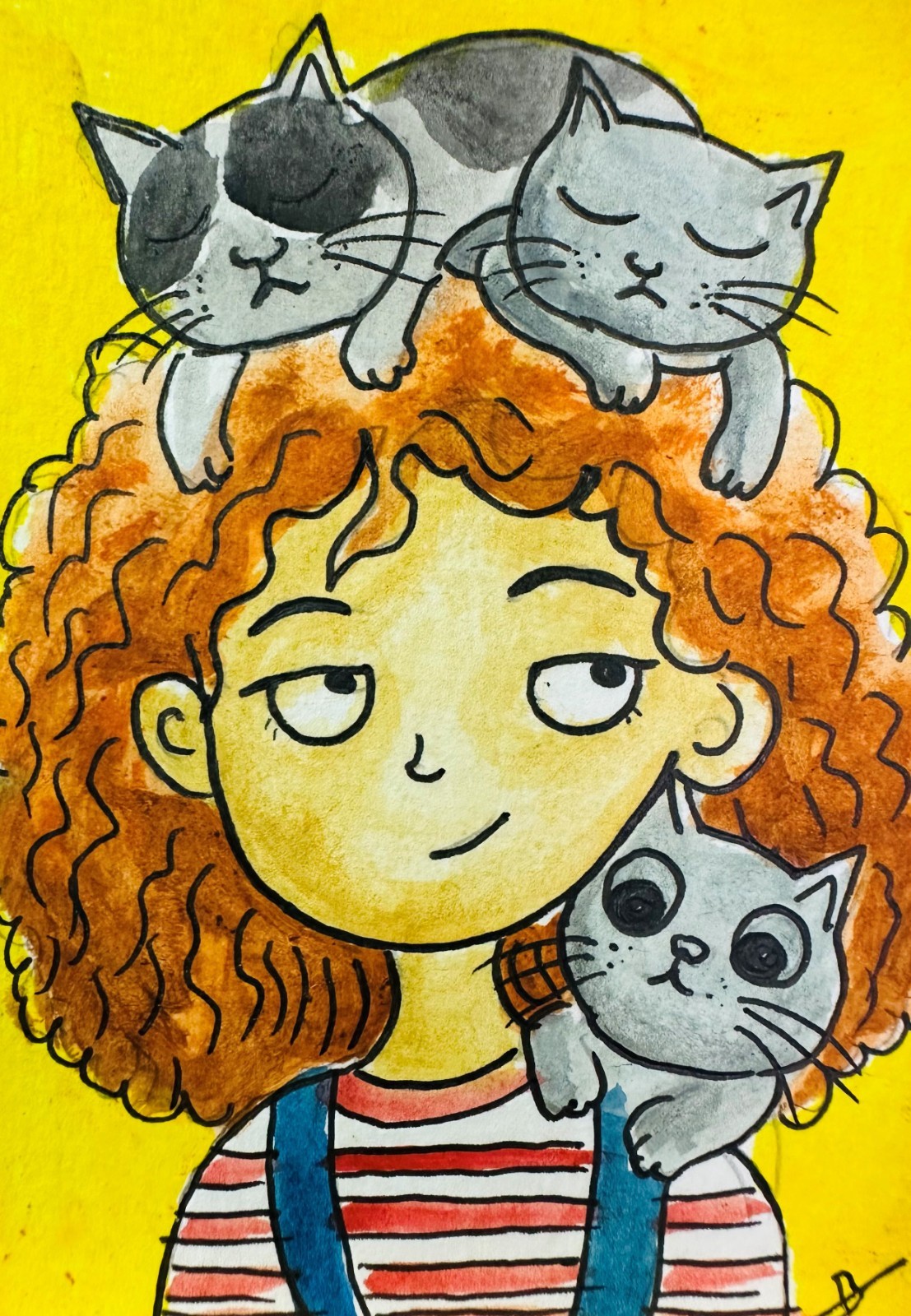 Girl With Cats ACEO Original Acrylic Painting Whimsical Cartoon Portrait Fun Art