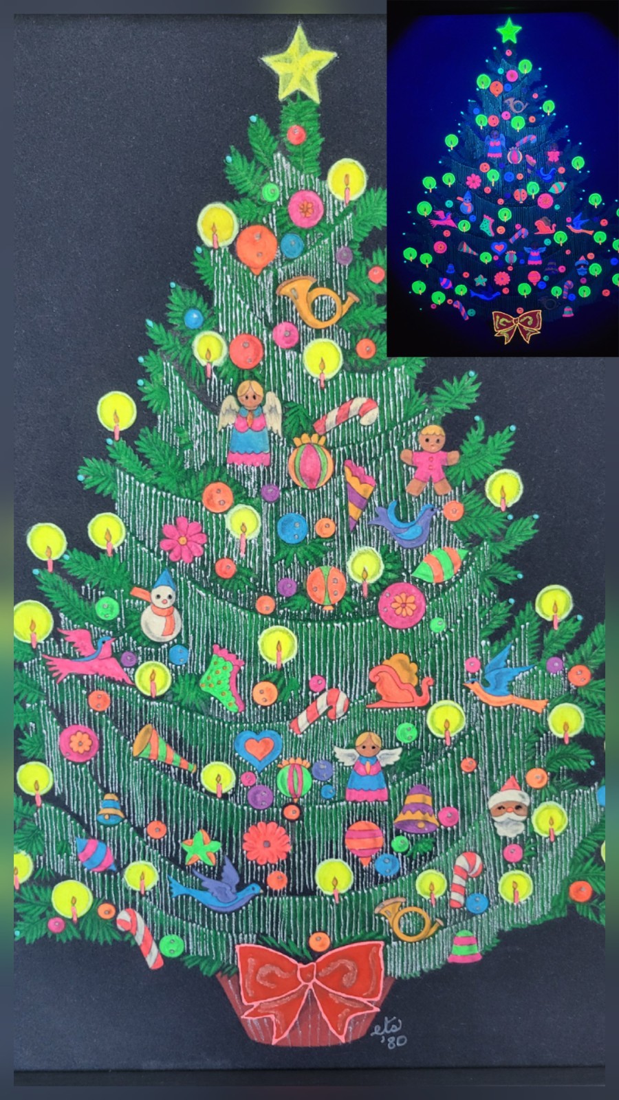 Large Vintage Day-Glo Christmas Tree Painting on Black Velvet UV Light GLOWS