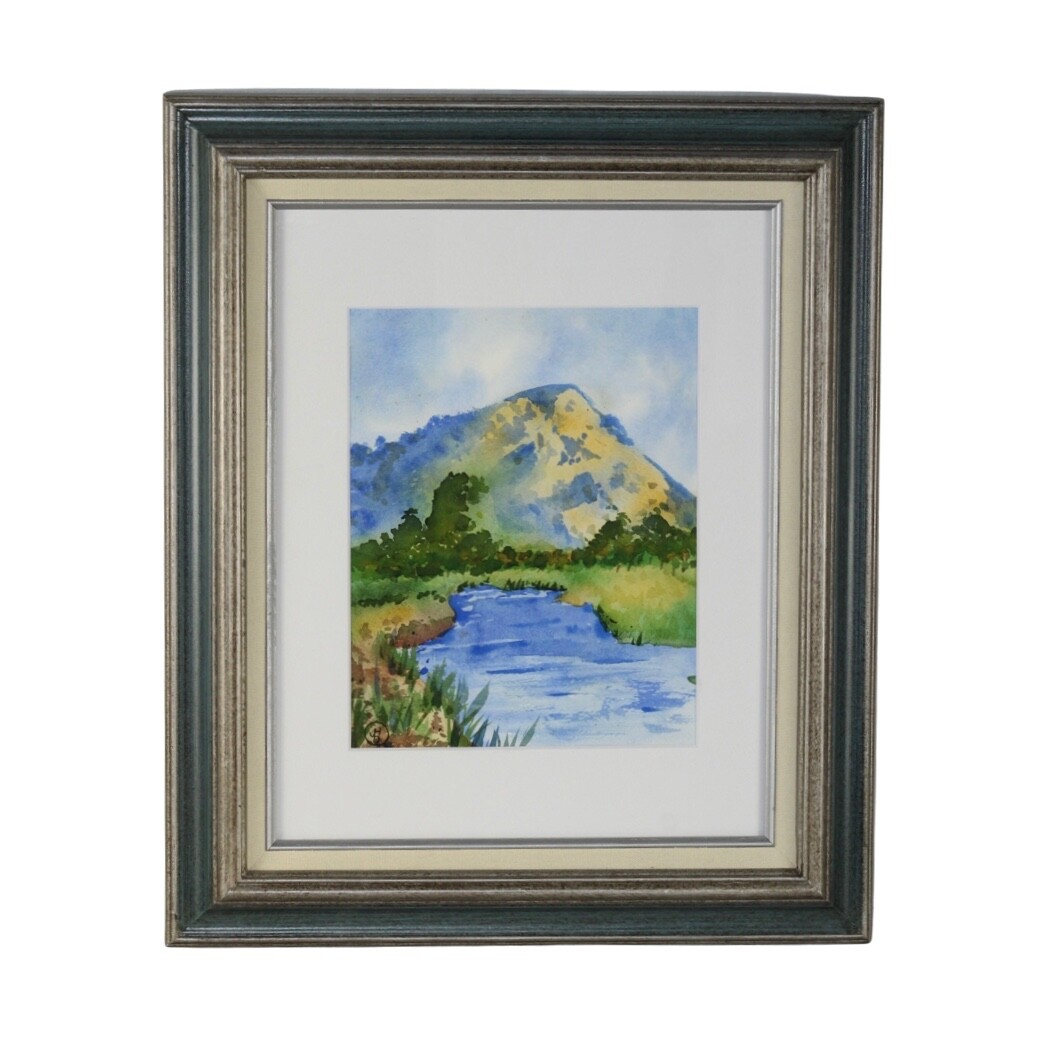 Original Watercolor Painting Blue Mountain Lake Landscape Framed Signed 11×14 in
