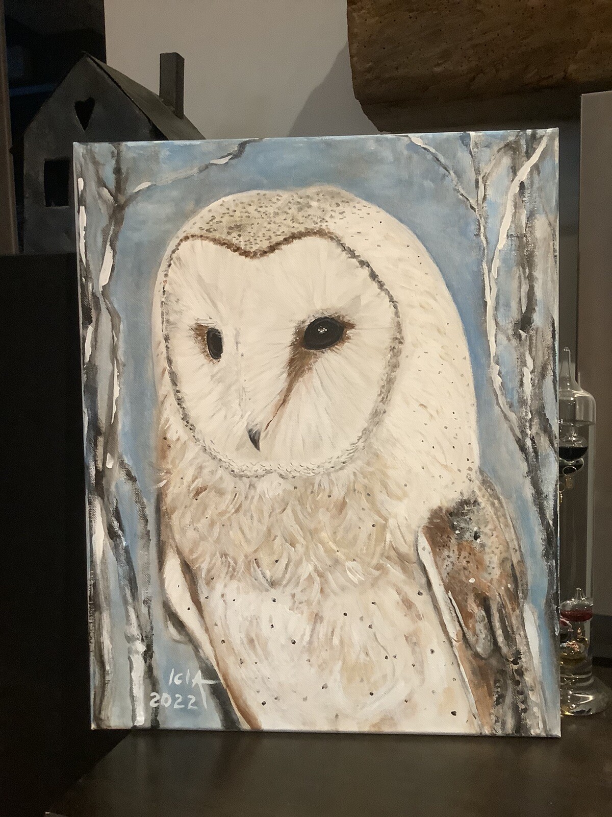 Original acrylic painting- Winter barn owl on canvas 16x20x0.5 in, wall decor,