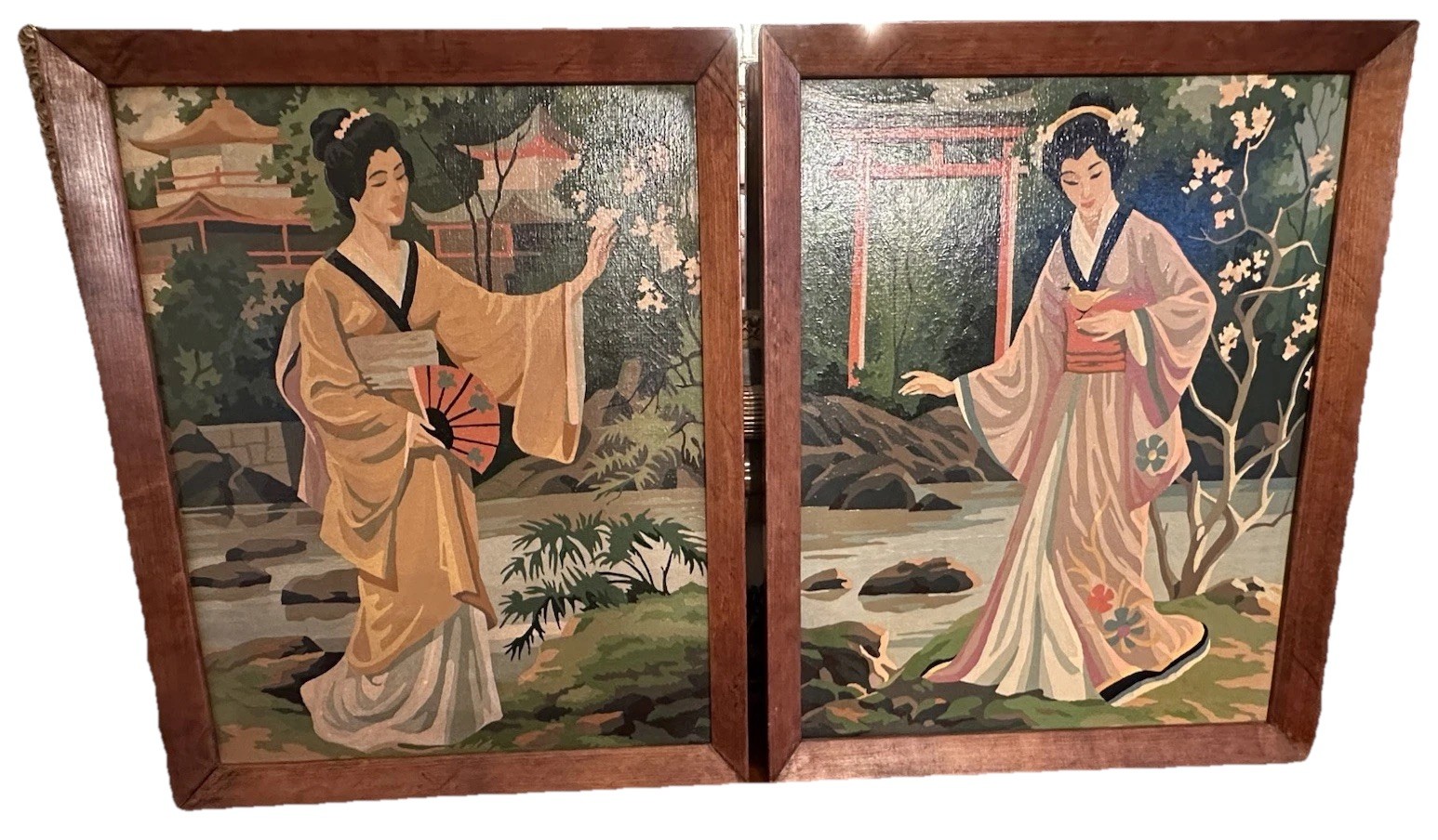 VINTAGE PAINT BY NUMBER PAINTING GEISHA GIRL PAIR ORIGINAL 17.5 X 21.5” Framed