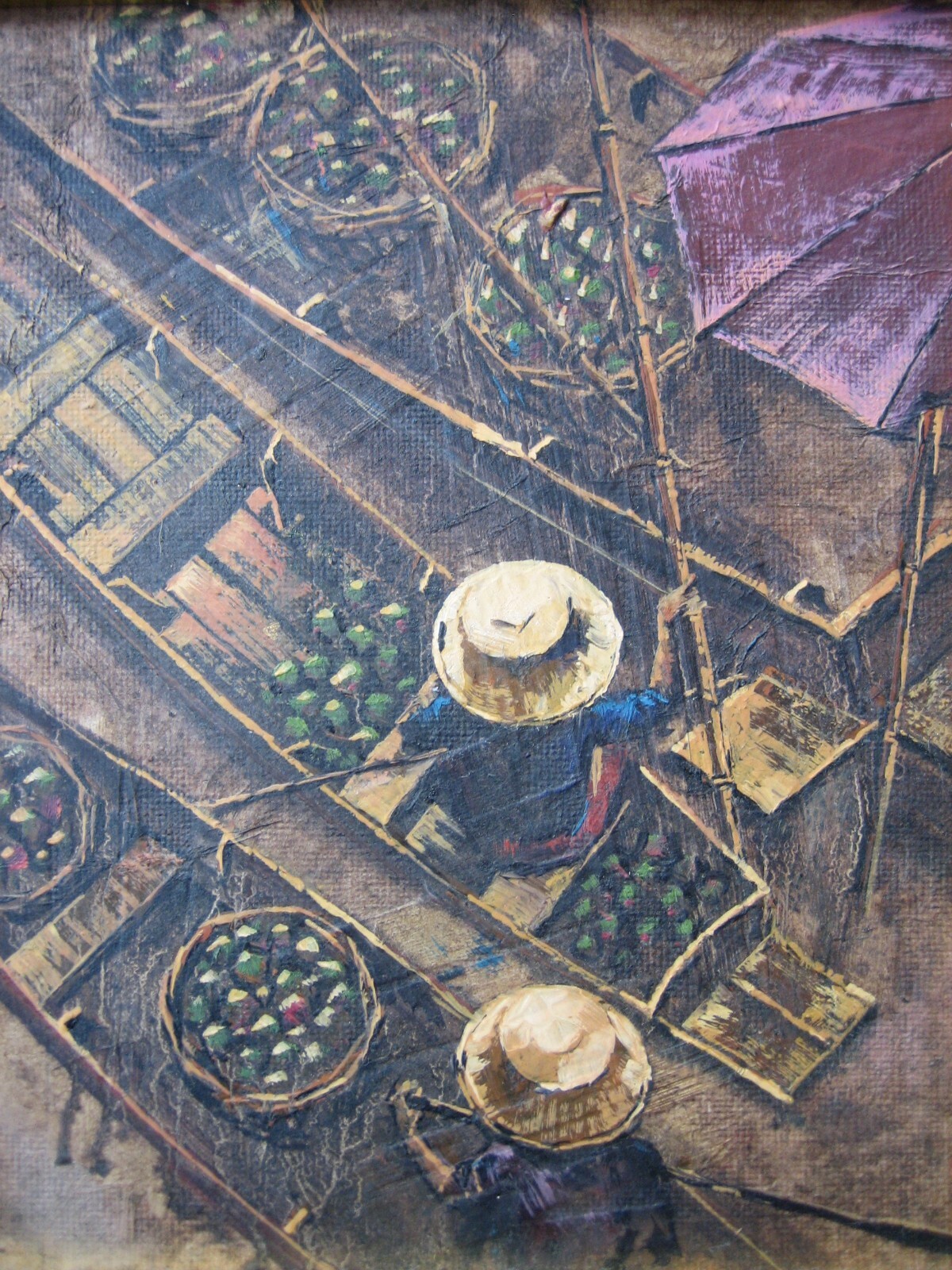 Vintage «The traders on the river» framed oil painting on board by AT