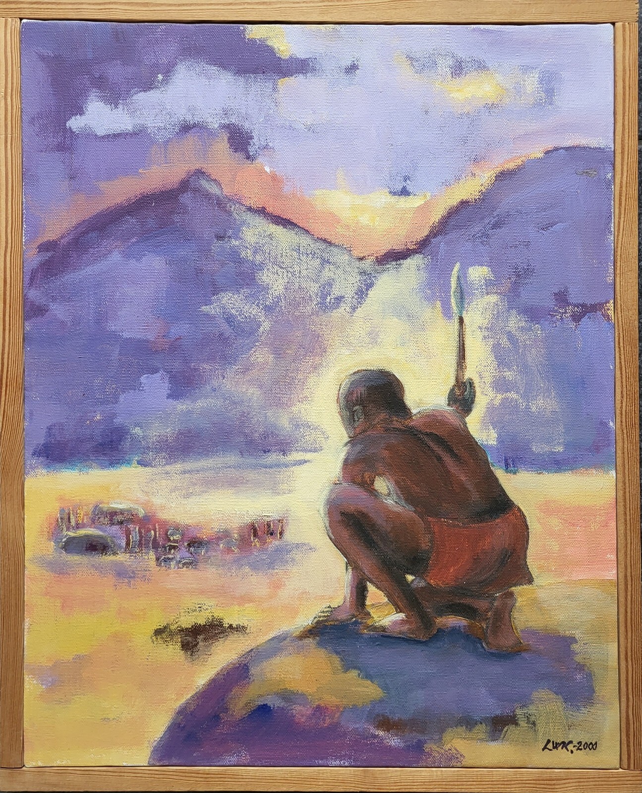 Acrylic. Lilian Weyhe Kristensen(1949- ): ”Hunter guarding a sacred site”(2000)