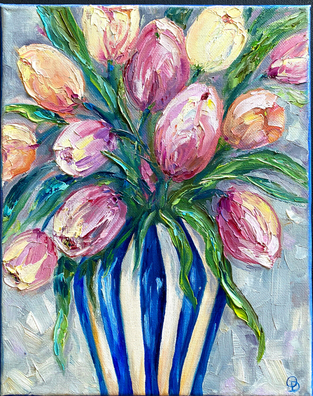 ORIGINAL OIL Painting TULIPS IN VASE impasto 10″x 8″ by Olga Diduh.