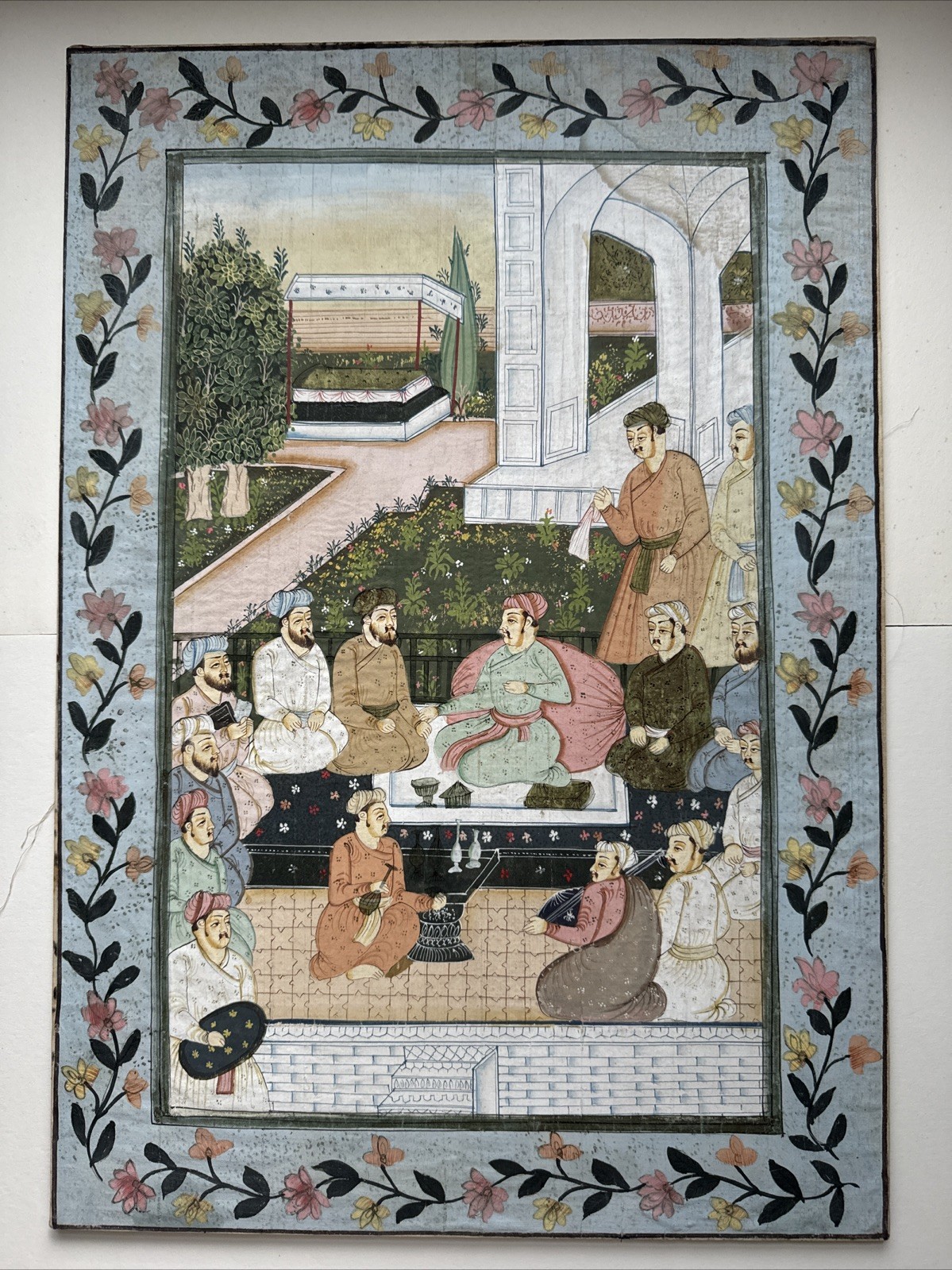 Vintage Persian Painting Courtyard Flower Border On Silk 19.5 X 13.5 Inches