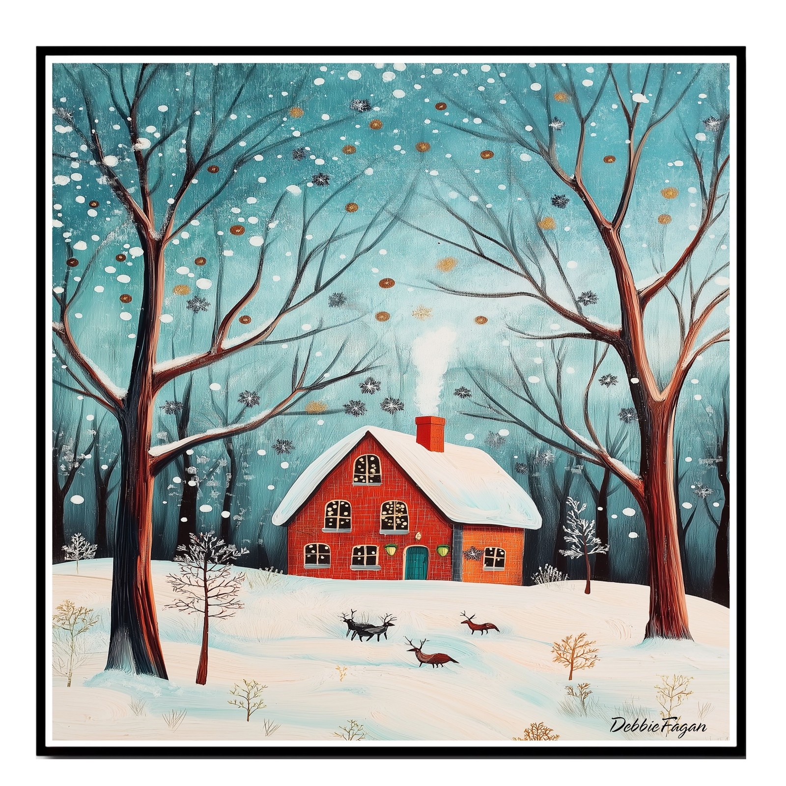 Christmas Red Brick House, Reindeer Flat Rolled, Framed or Wrapped Canvas