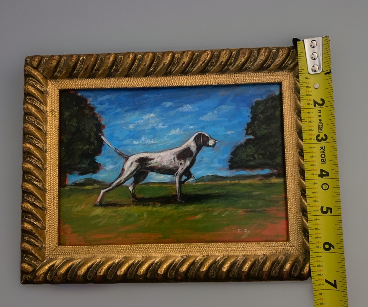 Vntg Original Painting Pointer Hunting Dog in Landscape Small 9” X 7” Free Ship!