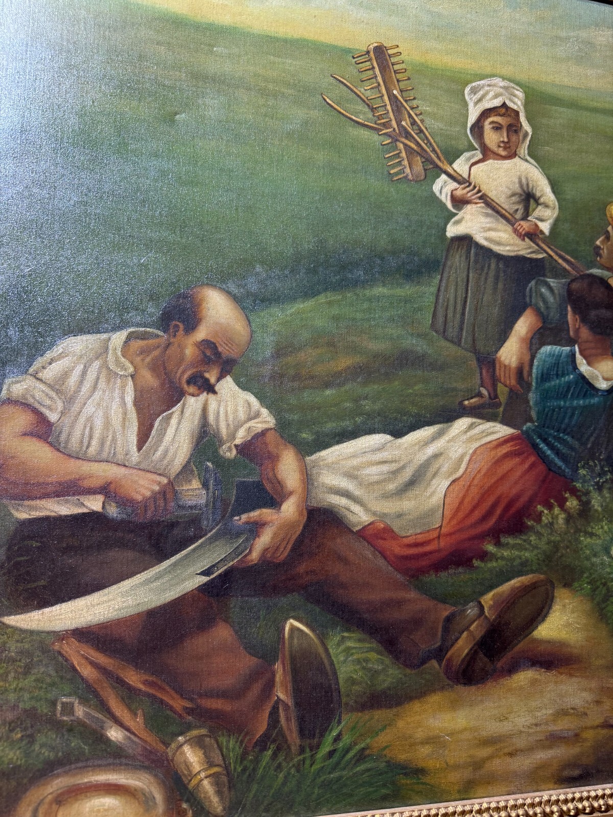 Large Antique European School «Worker Family In Field» Oil Painting – Framed