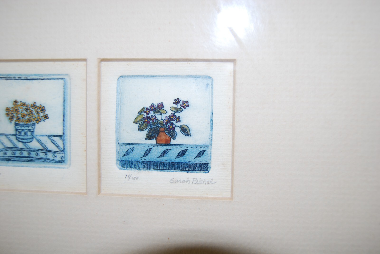 VTG FRAMED 3 MINIATURE SIGNED SARAH RISHEL COLORED ETCHING POTTED FLOWER PLANTS
