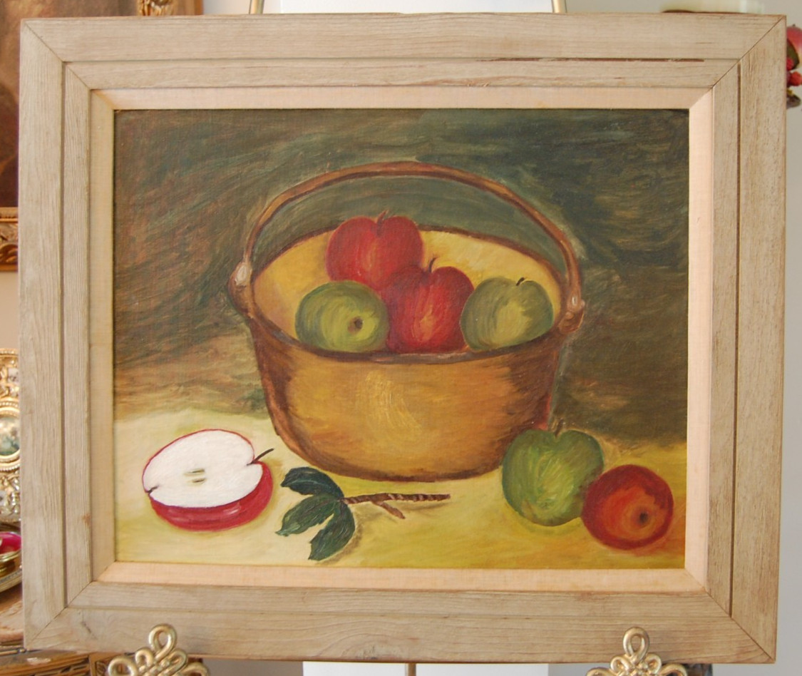 VTG 1950’S MCM FRAMED ORIGINAL PRIMITIVE FOLK ART OIL APPLES & POT A STILL LIFE