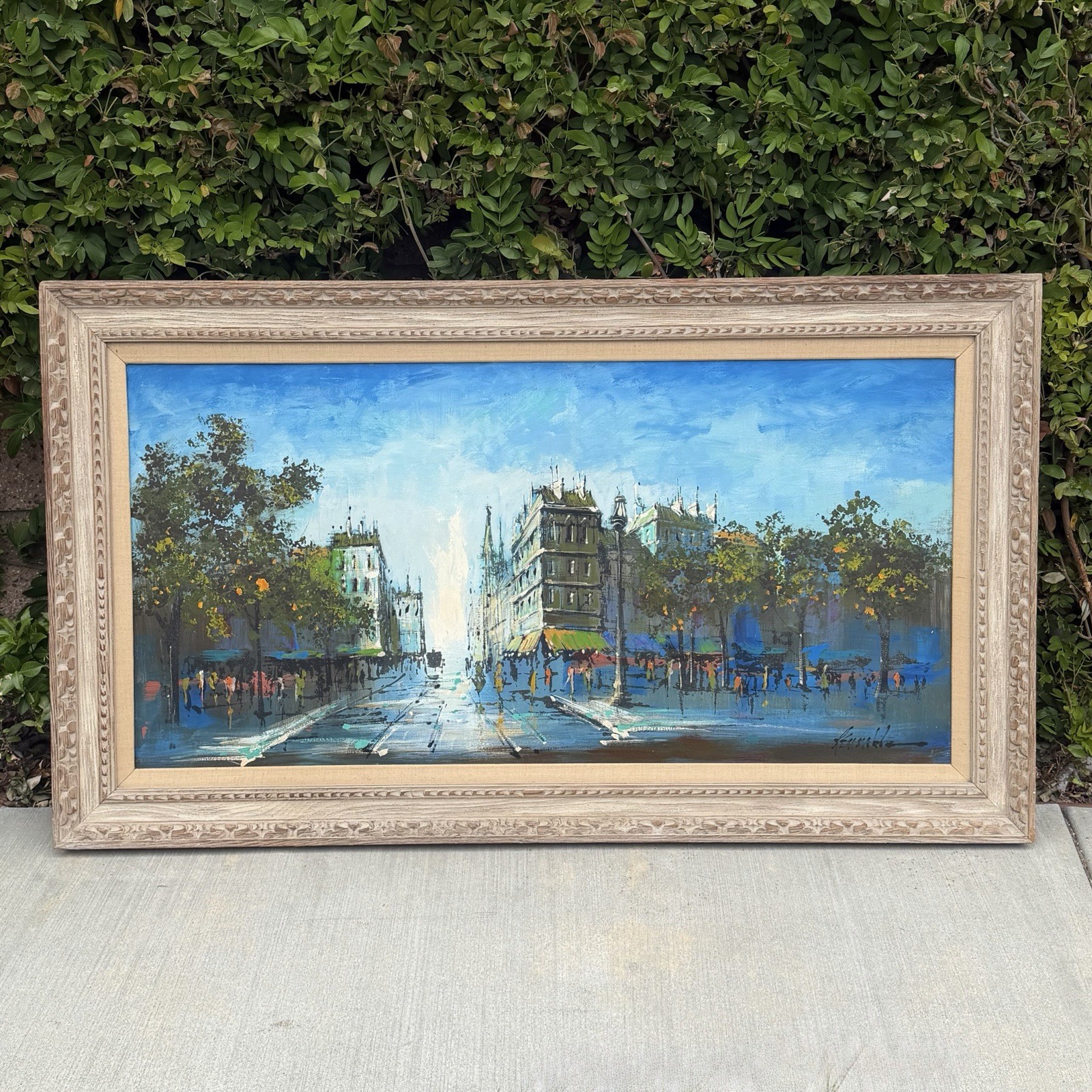 Vintage Mid Century Framed 60s Oil Painting by Reynolds Blue Cityscape Impasto