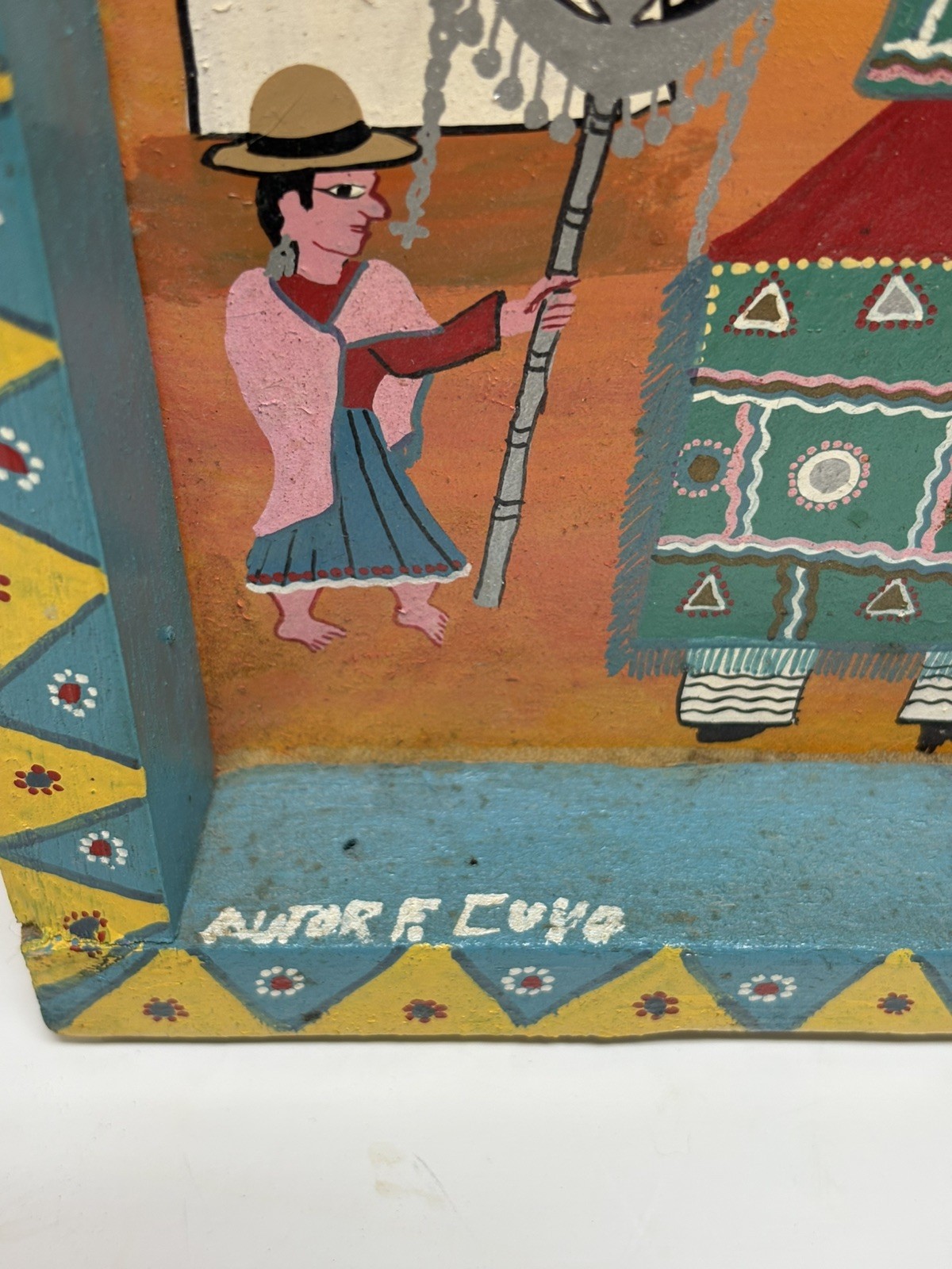 Vtg Hand Painted Peruvian Folk Art On Animal Hide Signed & Framed Original