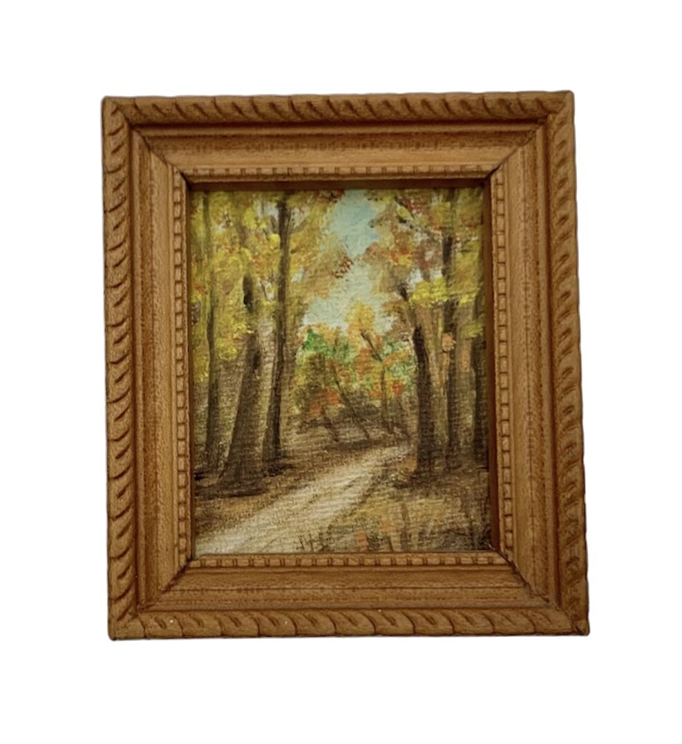 Painting Path in the Forest Miniature Oil Illustration Landscape on Easel Stand