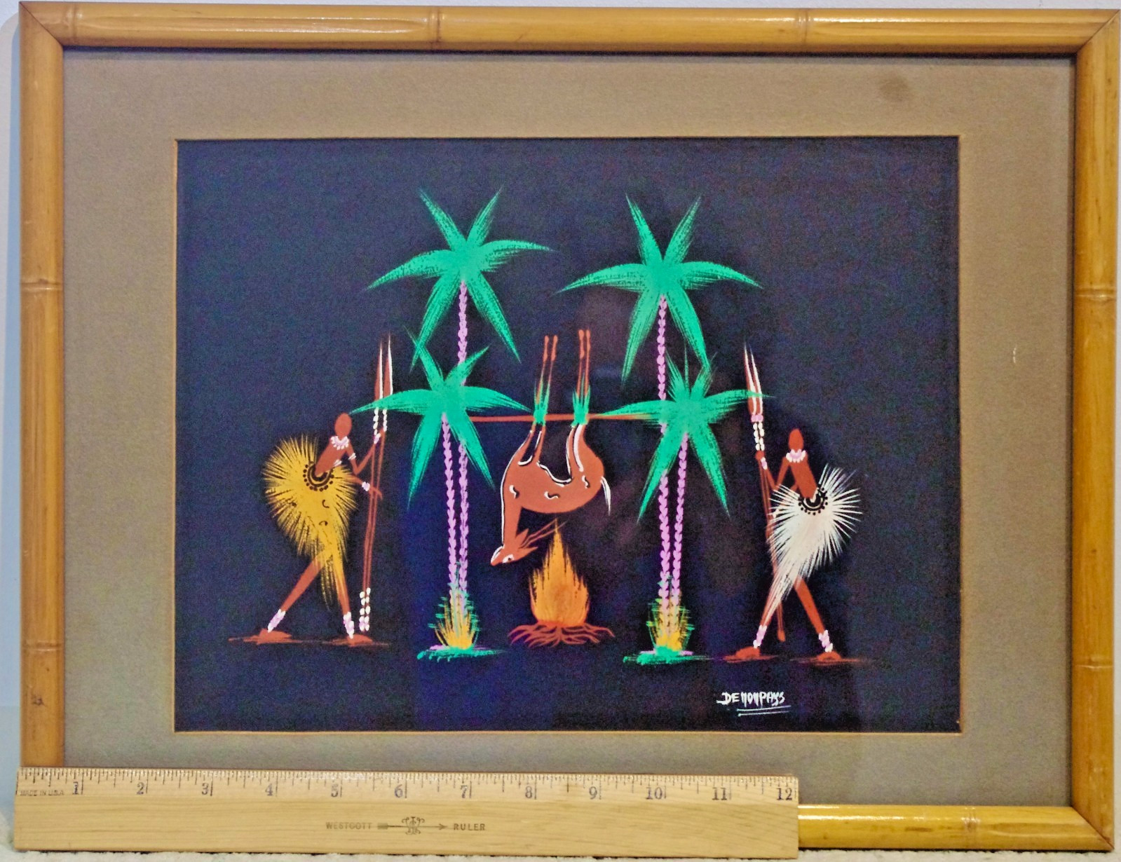 Vintage African Folk Art- Framed Signed De Noppens- Tribal Village LifeC1950s