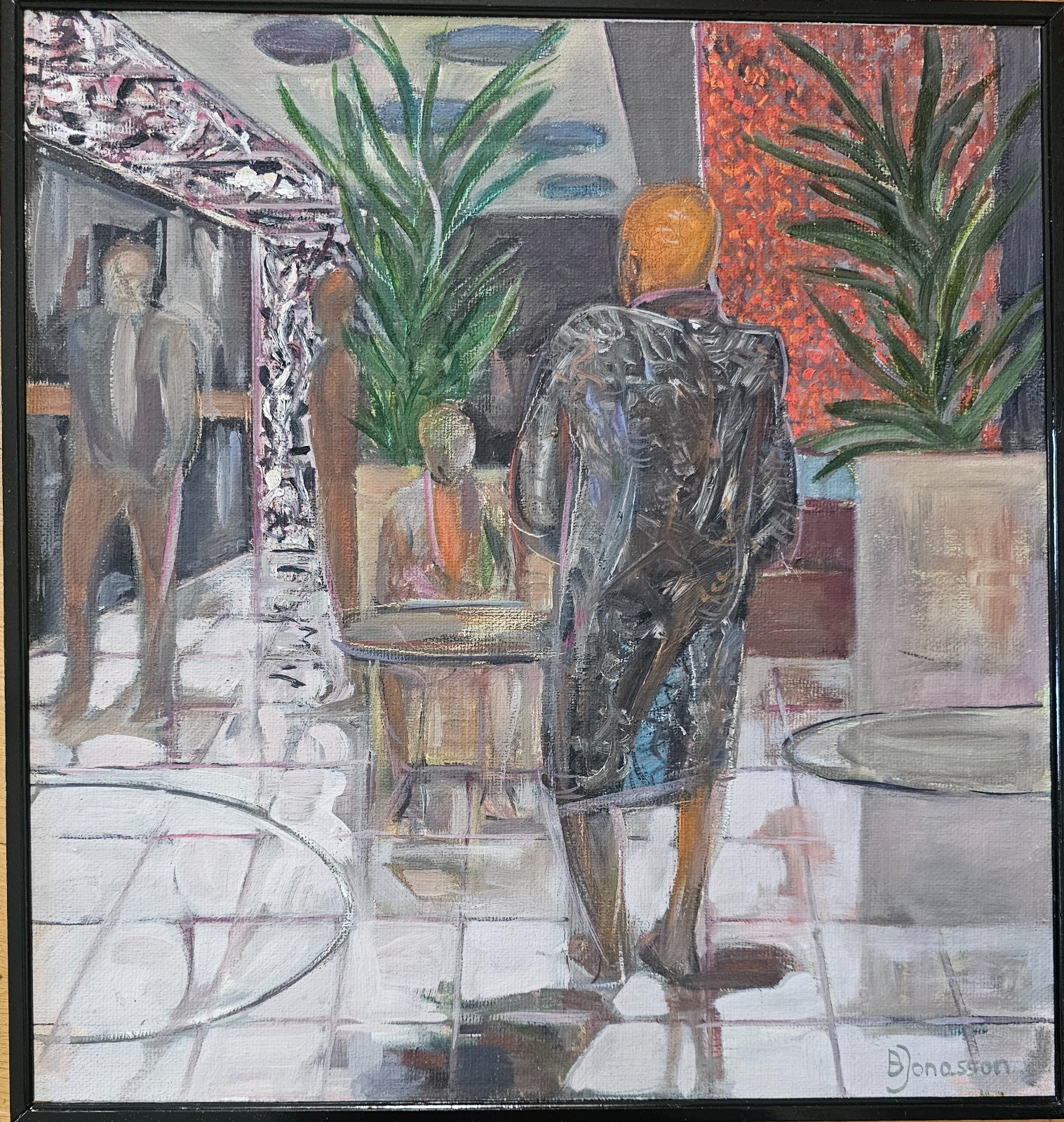 SWEDISH CONTEMPORARY EXPRESSIONIST FIGURATIVE OIL PAINTING INTERIOR SCENE SIGNED