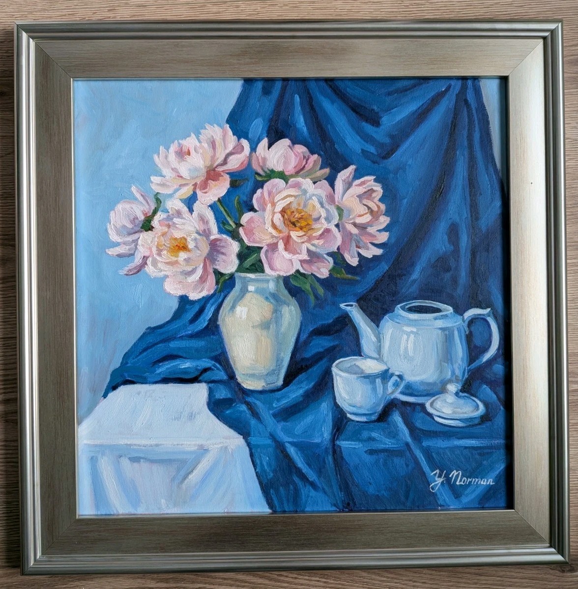 Original Oil Painting Peonies In Vase Big Framed Signed Kitchen Dining Blue Art