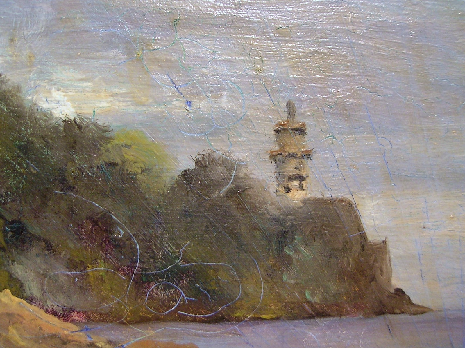 Antique Landscape Coastal Lighthouse Oil Painting Signed