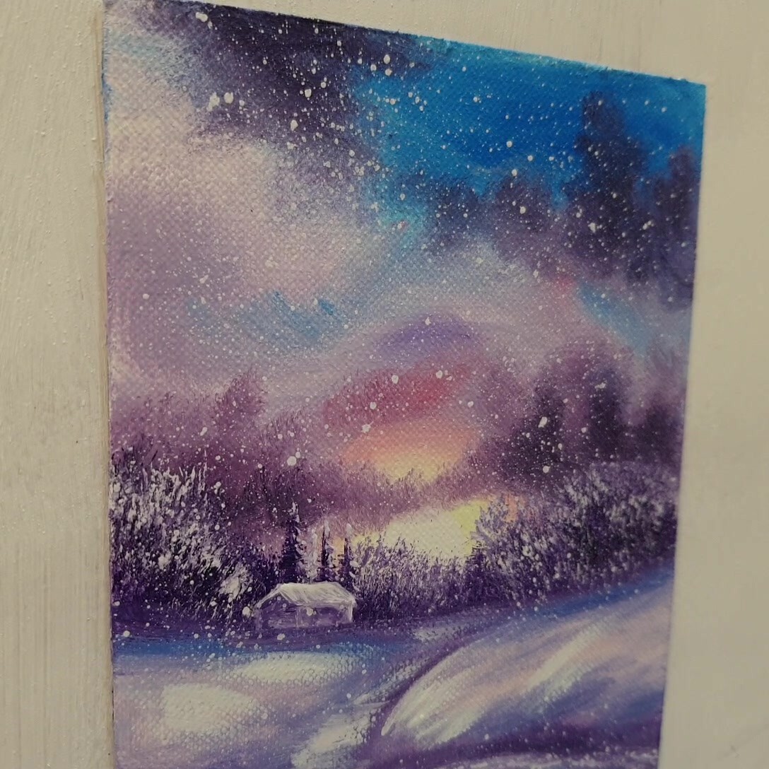 Winter Sunset Lake Path Painting Snow Cottage Purple Red Sky Signed Holiday Deco