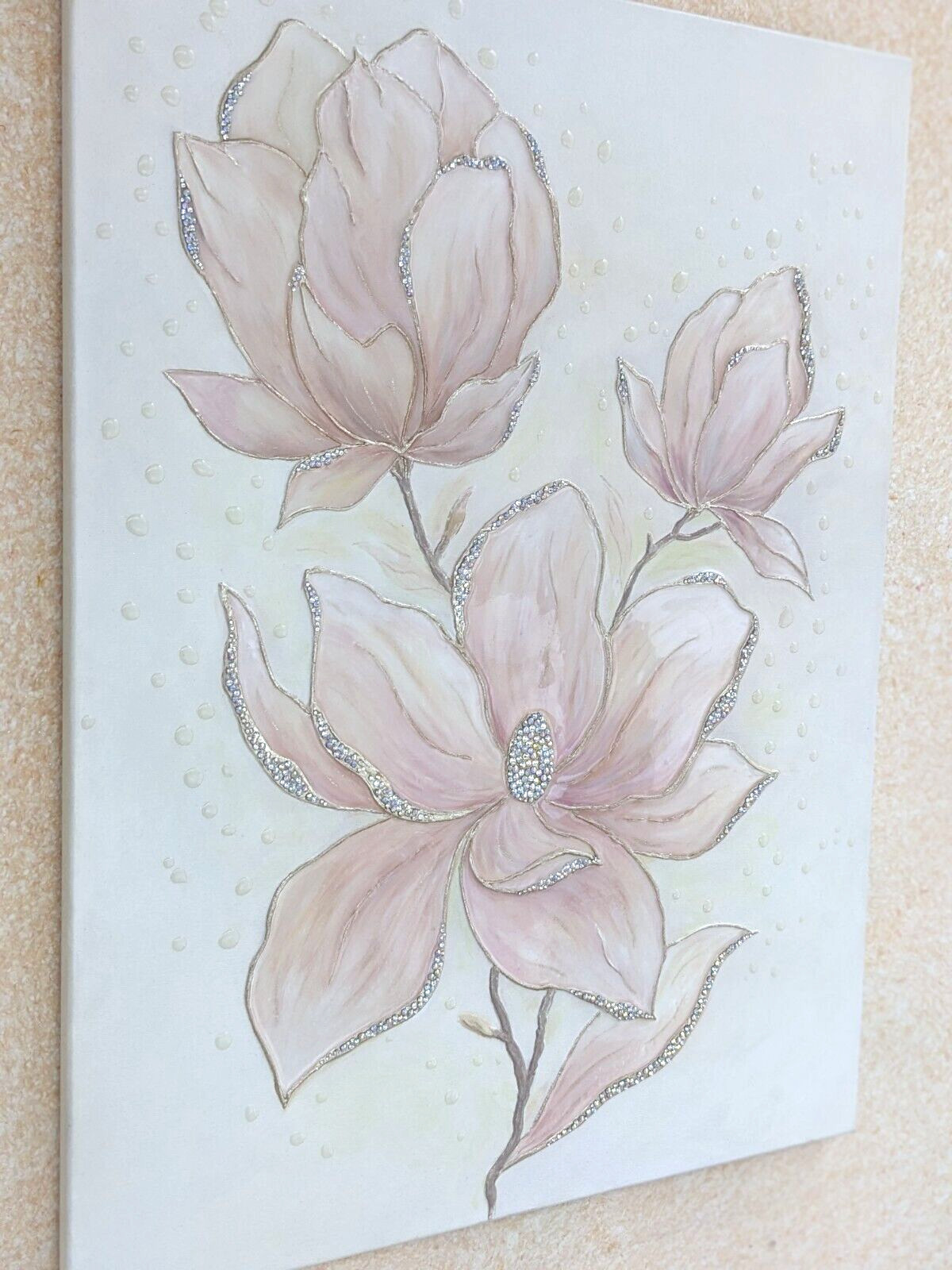 Large 3D texture magnolia painting, Pink floral wall art, Rhinestone Resin Art