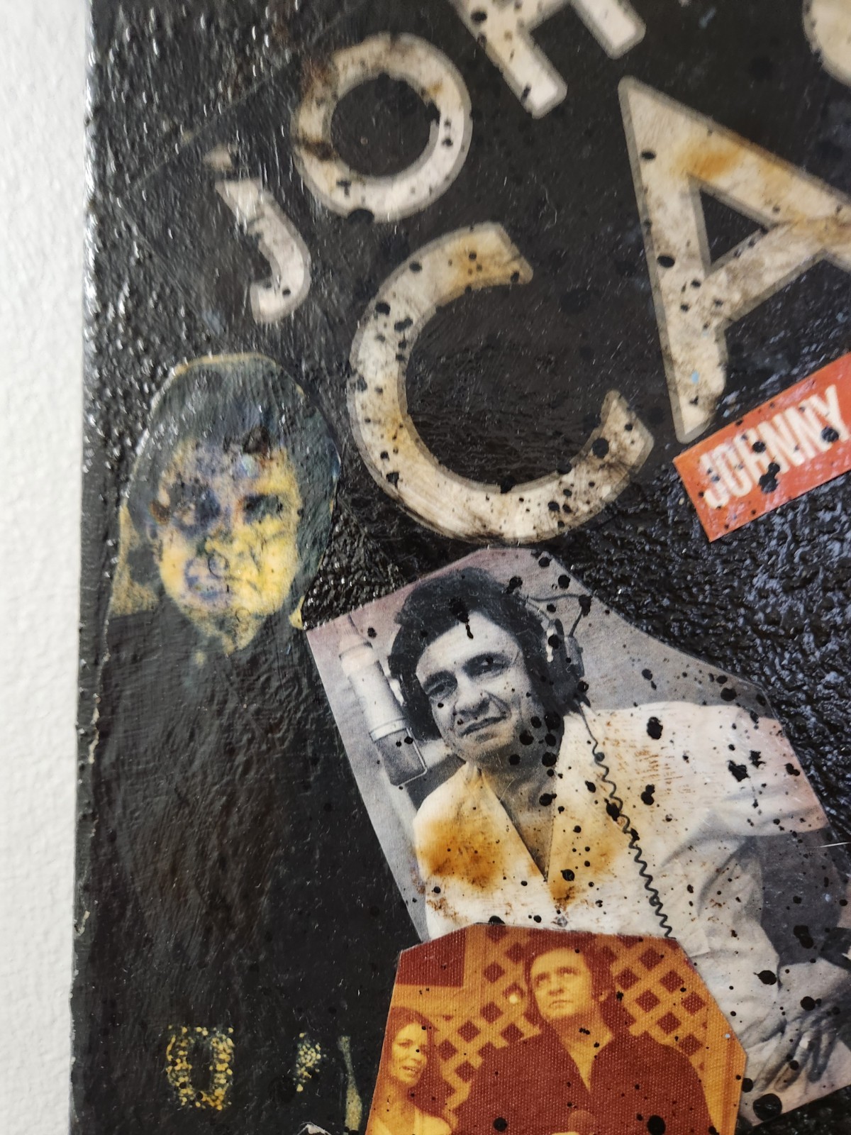 Large Johnny Cash Acrylic Paintin Collage Art. Heavily Textured & Burned! 16X20