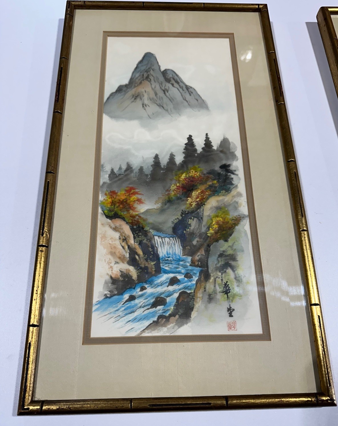 Asian Landscape Prints on Silk – Waterfall & Cottage Scene –Signed-1981 Vintage