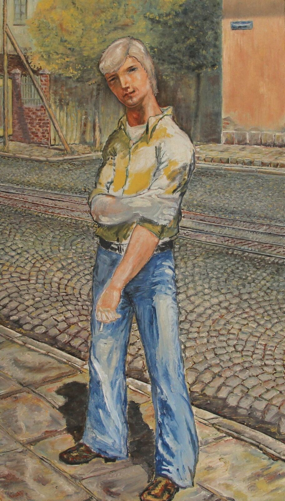 Vintage oil painting young male full size city landscape portrait