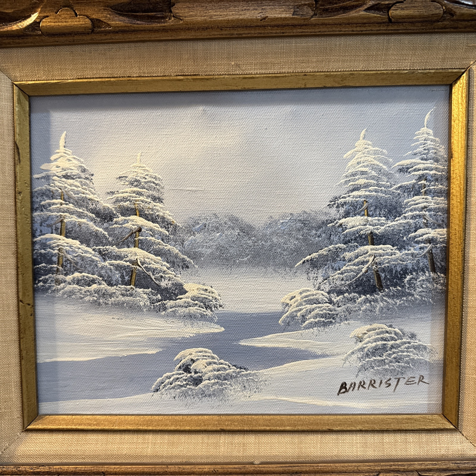 Vintage Signed Barrister Winter Scene With Gorgeous Handmade Frame 18×16 Total